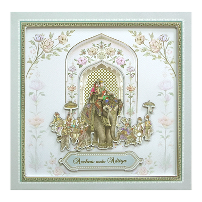 Grey &amp; Gold 3D Padded Elephant Procession Wedding Card-KMMEX8060