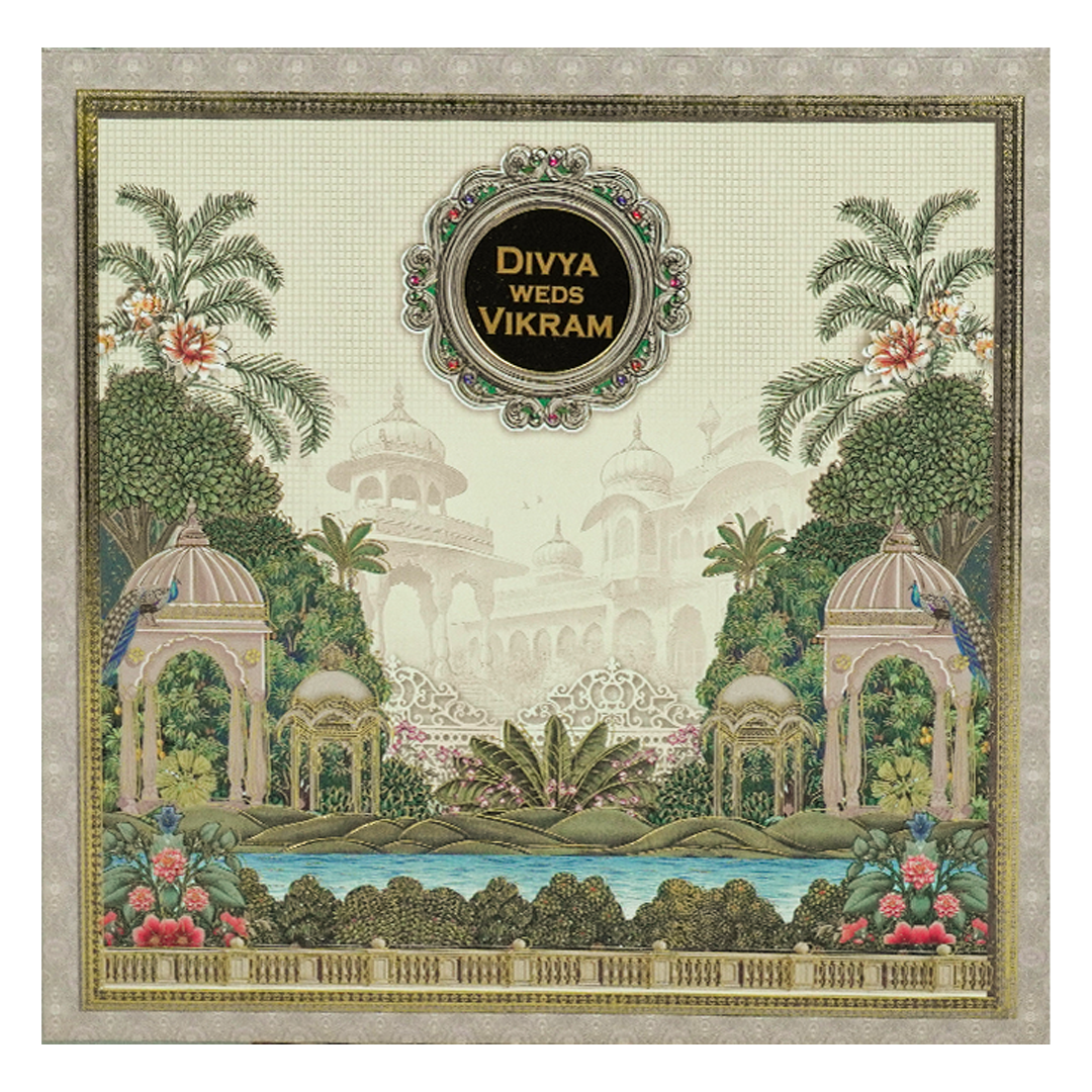 Cream Padded Garden Palace Wedding Card-KNPO5572C