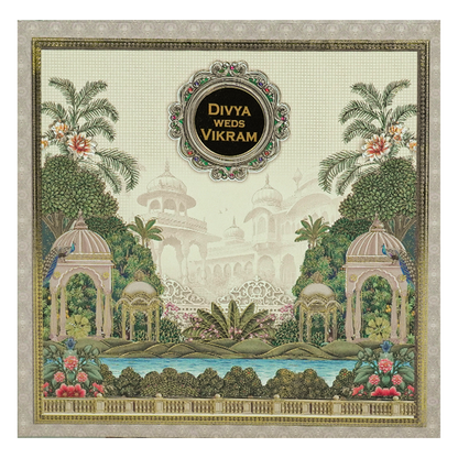 Cream Padded Garden Palace Wedding Card-KNPO5572C