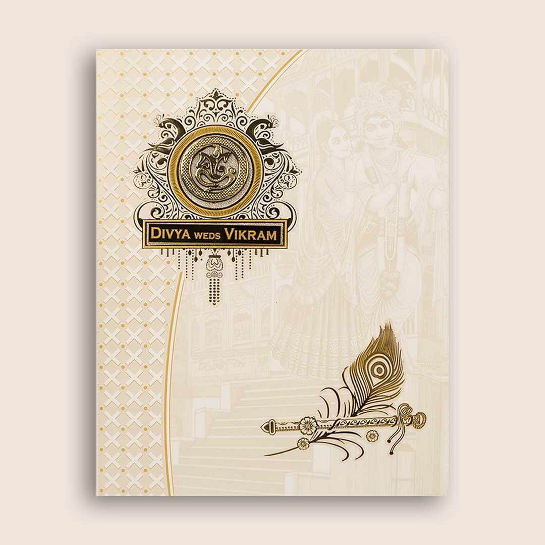 White Radha Krishna Invitation Card - KNJS2068