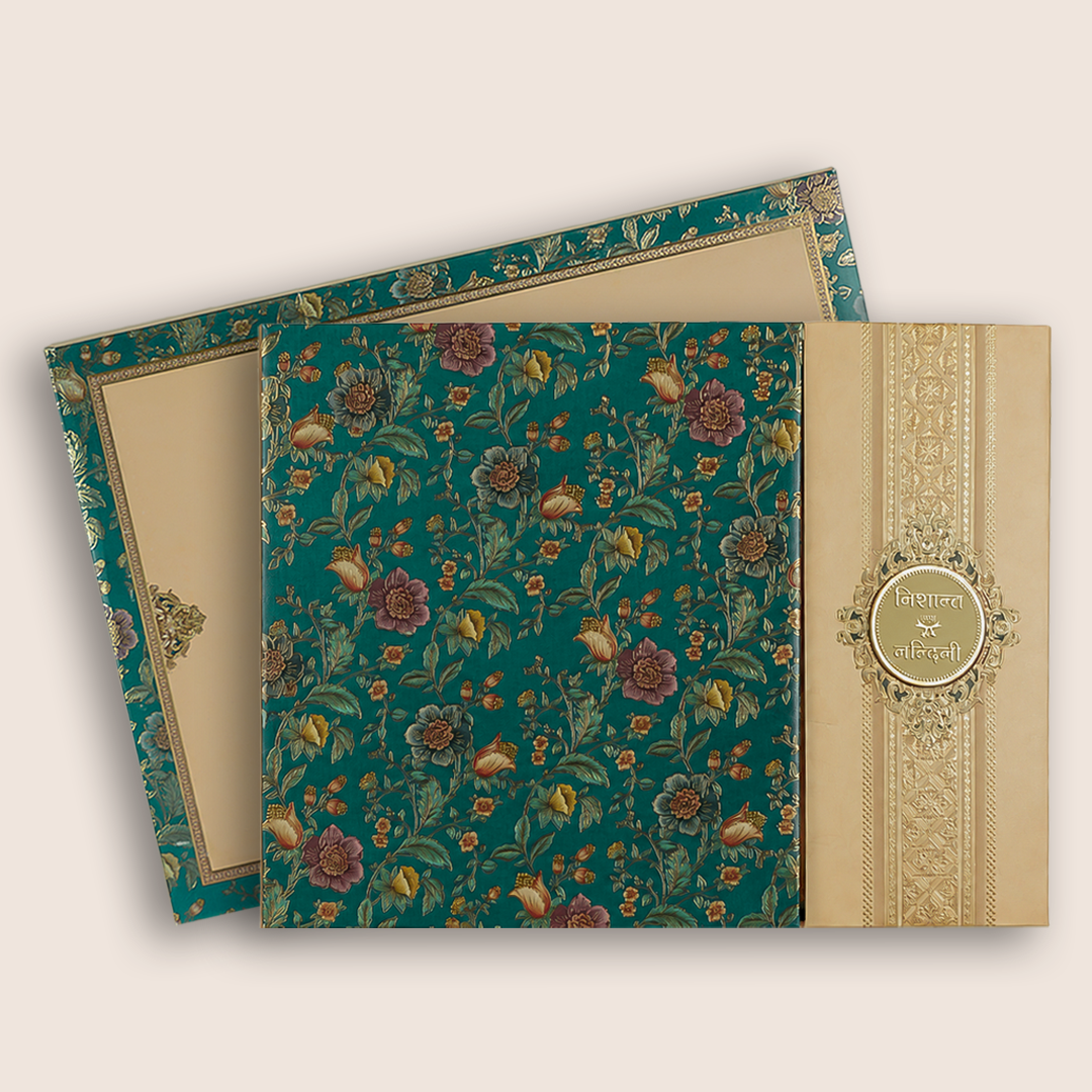 Blue Padded Floral Door Style Wedding Card - KAA06390
