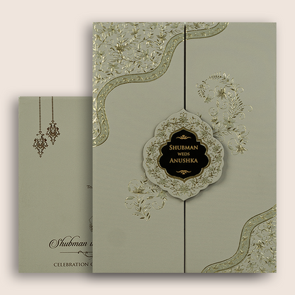 Grey Embossed Floral Door Style Padded Marriage Card - KRB10421