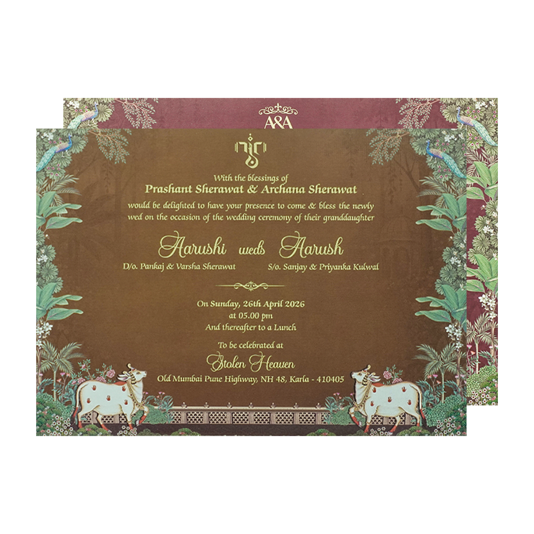 Navy Blue Ram Sita Mandir Bag Style Wedding Card-KSI6517R