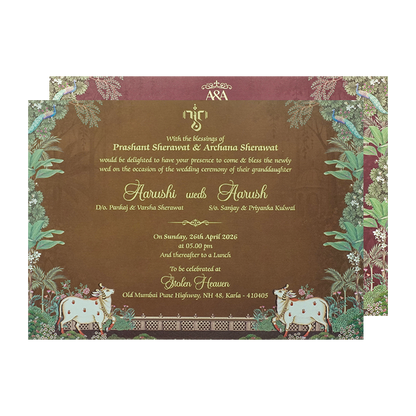 Navy Blue Ram Sita Mandir Bag Style Wedding Card-KSI6517R