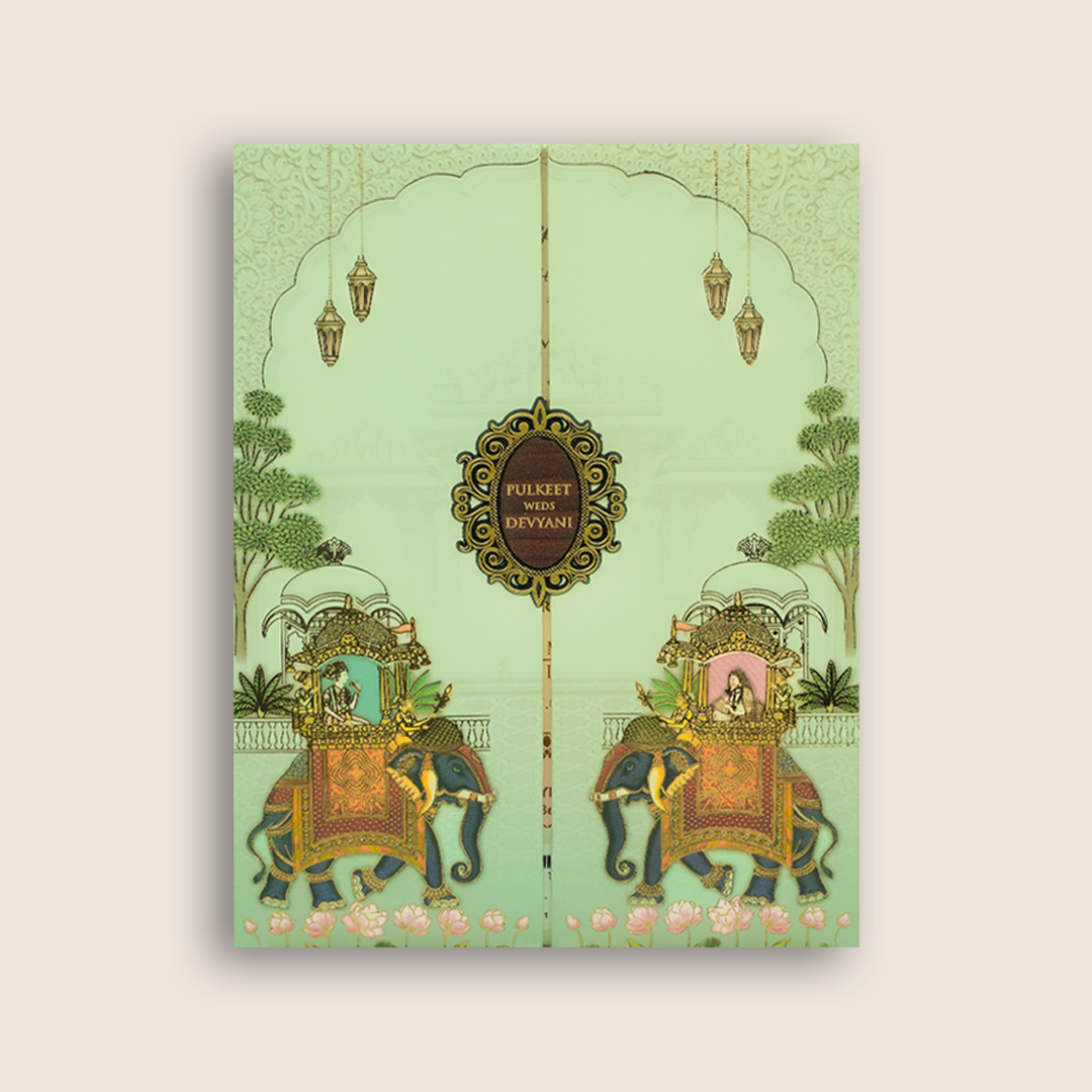 Pale Green Elephant Padded Door Style Wedding Card - KJTS1834