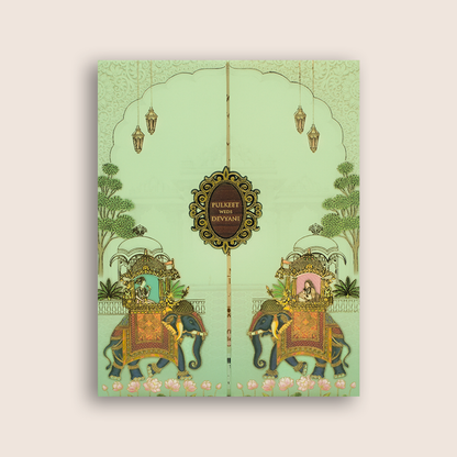 Pale Green Elephant Padded Door Style Wedding Card - KJTS1834
