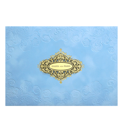 Light Blue Gold ornate Padded Wedding Card -KMMWD1138