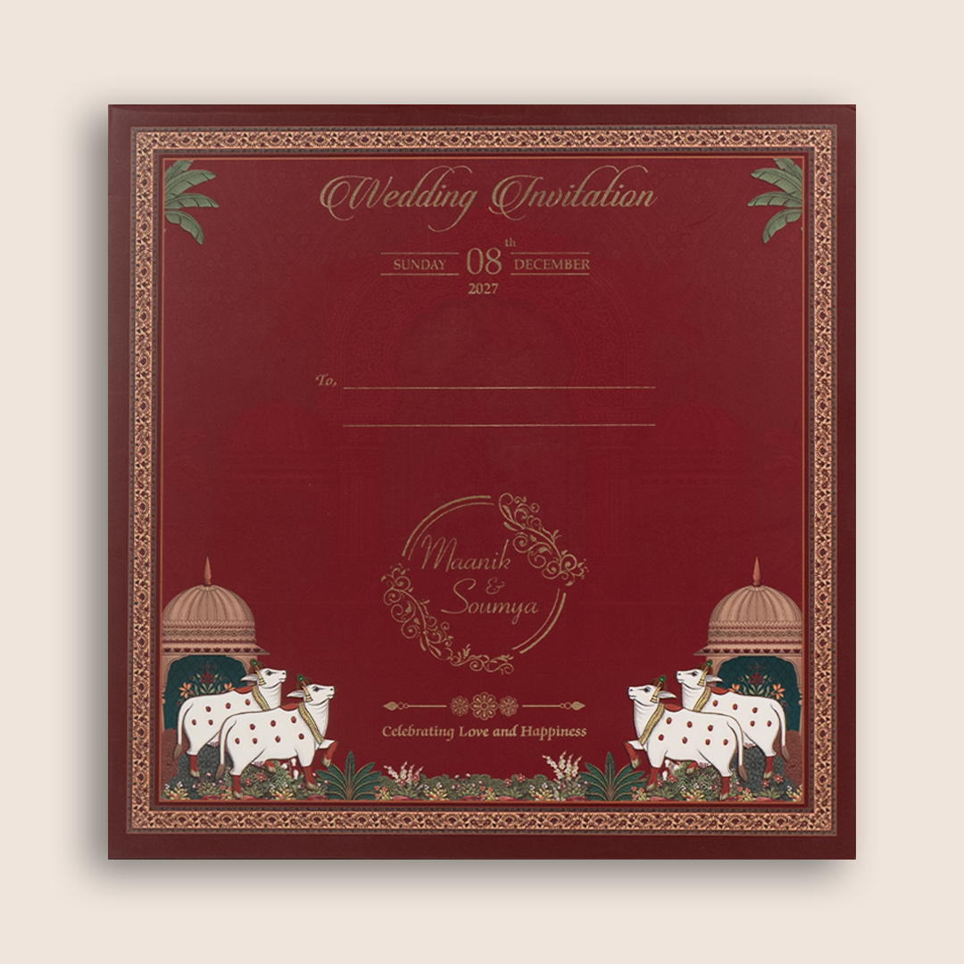 Maroon Lord Shrinathji Padded Wedding Card - KSH18600