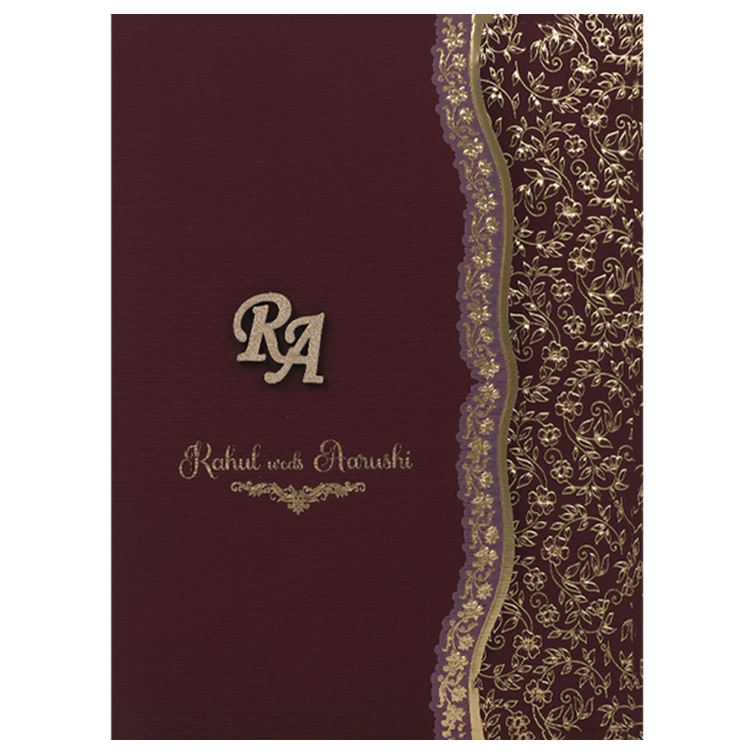 Maroon Gold Embossed Wedding Card-KSI64970