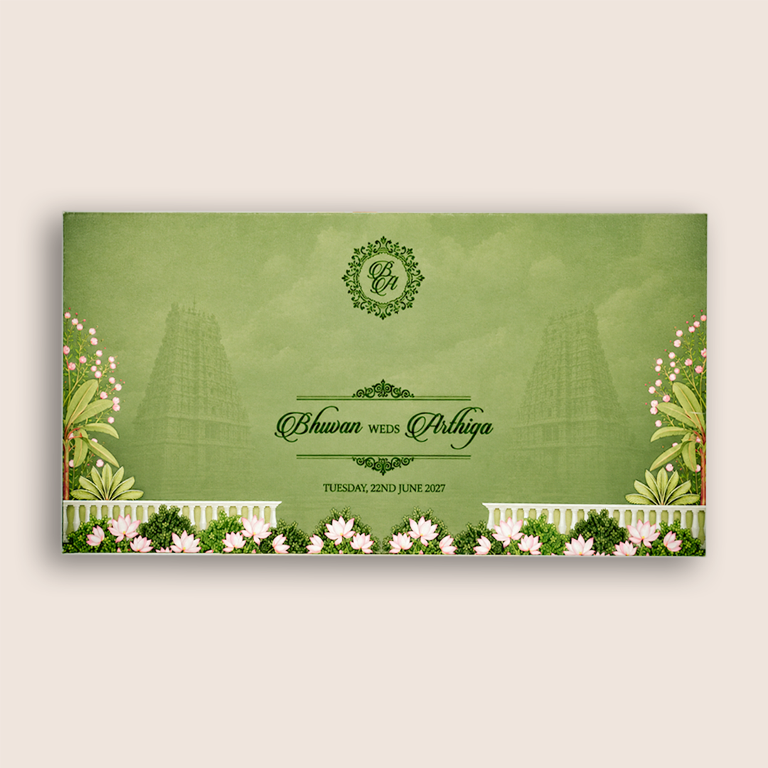 Green Embossed Lord Balaji Padmavati Marriage Card - KVN08050
