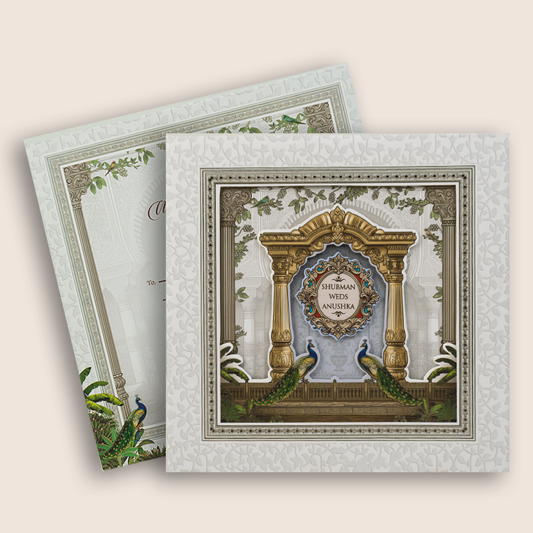 White Peacock Laser-Cut Padded Wedding Card - KRB10620