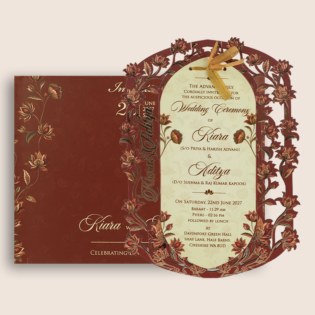 Maroon Floral MDF Laser Cut Wedding Card - KFR17040