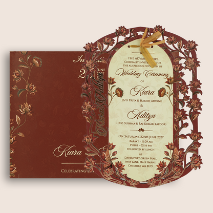 Maroon Floral MDF Laser Cut Wedding Card - KFR17040