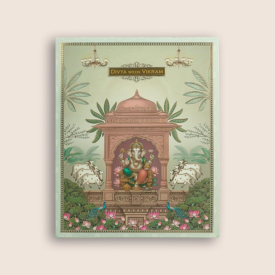 Green Lord Ganesha Temple Floral Wedding Card - KNKJ1163