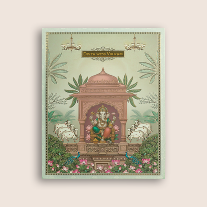 Green Lord Ganesha Temple Floral Wedding Card - KNKJ1163