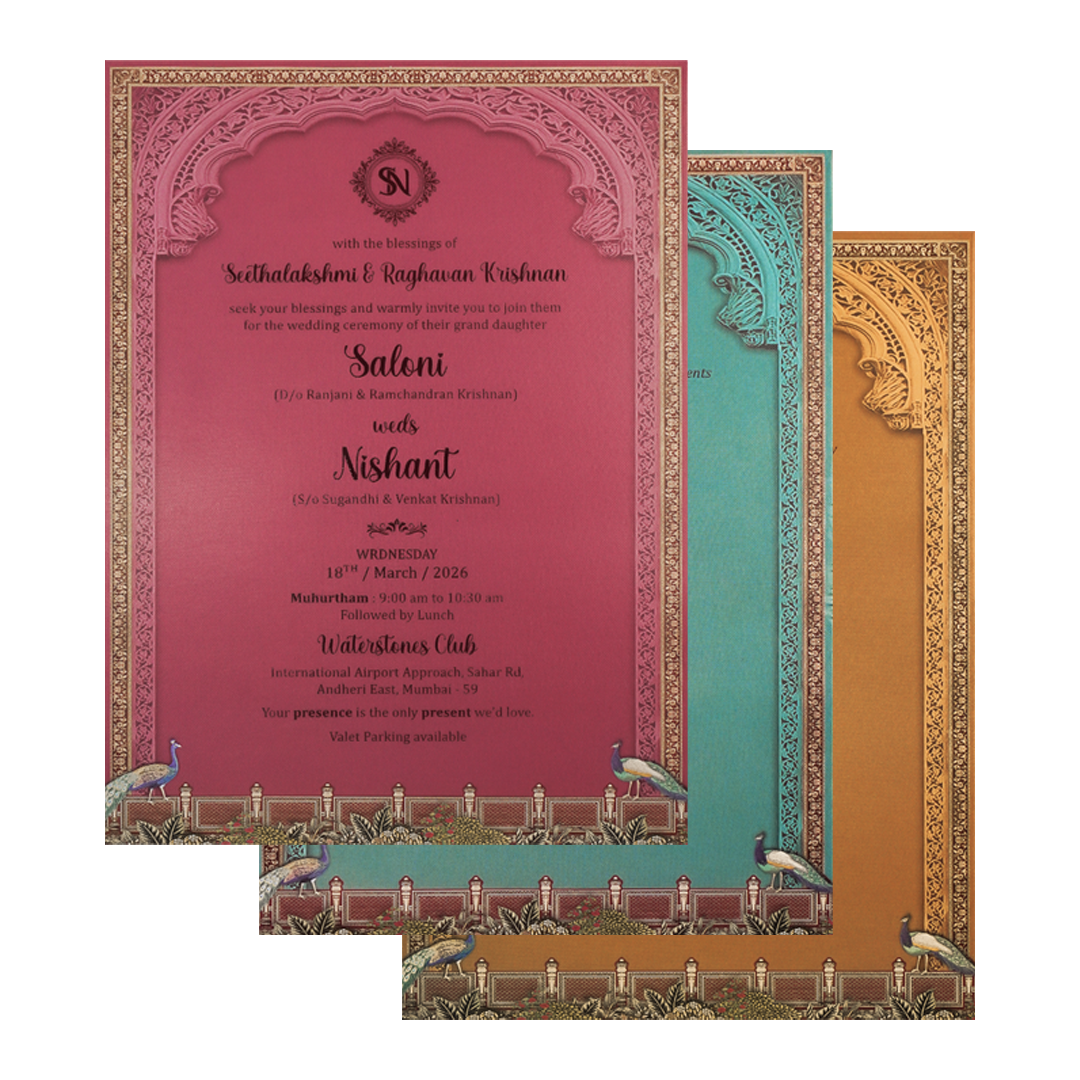 Peach Radha Krishna Palace Padded Wedding Card-KSI64020