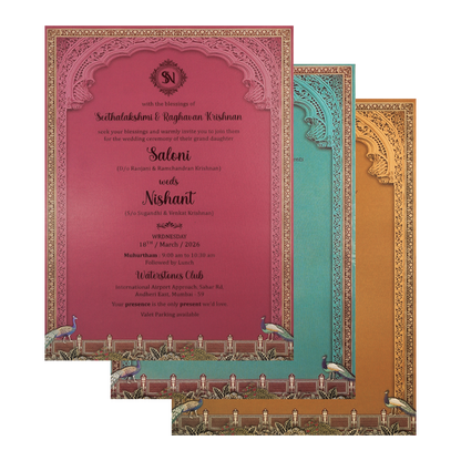 Peach Radha Krishna Palace Padded Wedding Card-KSI64020