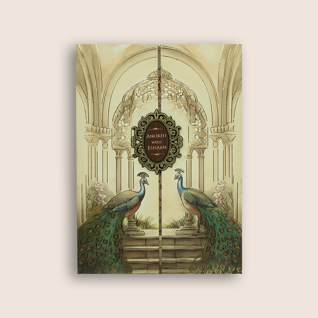 Beige Peacock Door Style Padded Invitation Card- KJTS3677