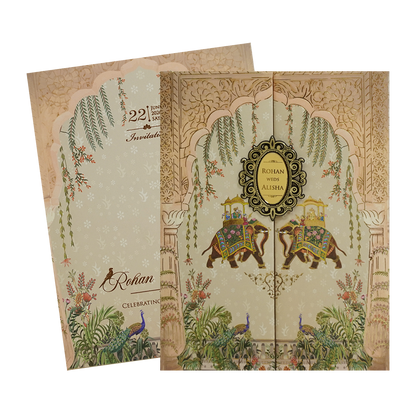 Beige Gold Elephant and Peacock Theme Wedding Card - KFR16450