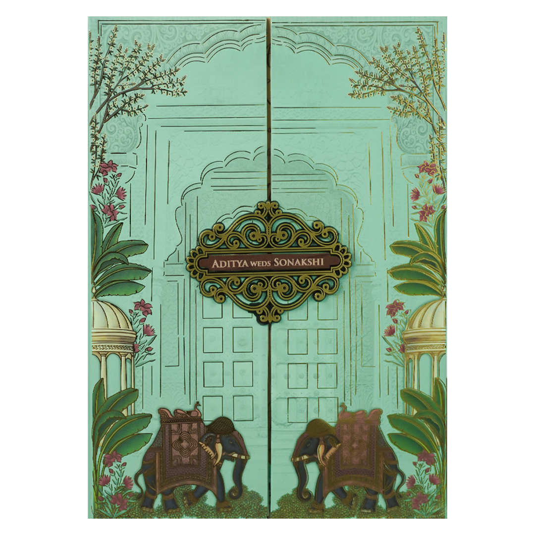 Mint Green Royal Palace Padded Wedding Card-KRE27220