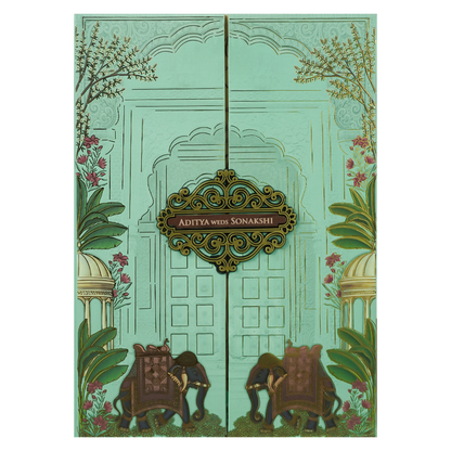 Mint Green Royal Palace Padded Wedding Card-KRE27220