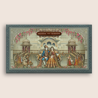 Teal Blue Royal Palace Bride Groom Floral Padded Wedding Invitation Card - KJTS1921