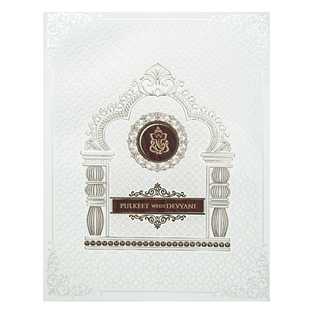White Ganesha Padded Wedding Card-KJTS1858