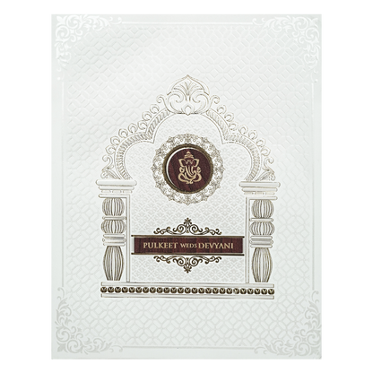 White Ganesha Padded Wedding Card-KJTS1858