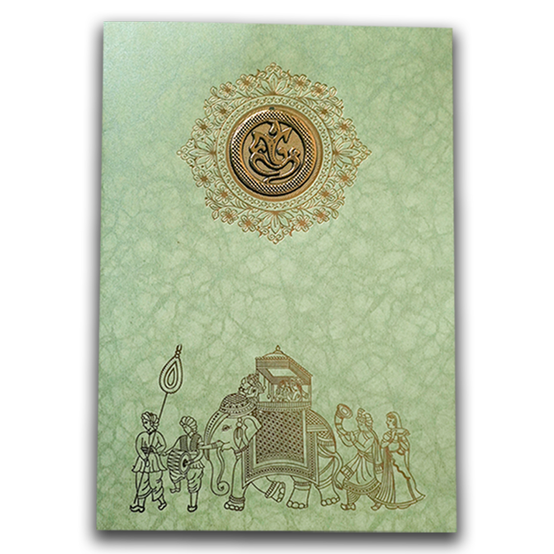 Green Elephant Baraat Wedding Card-KNKR039LG