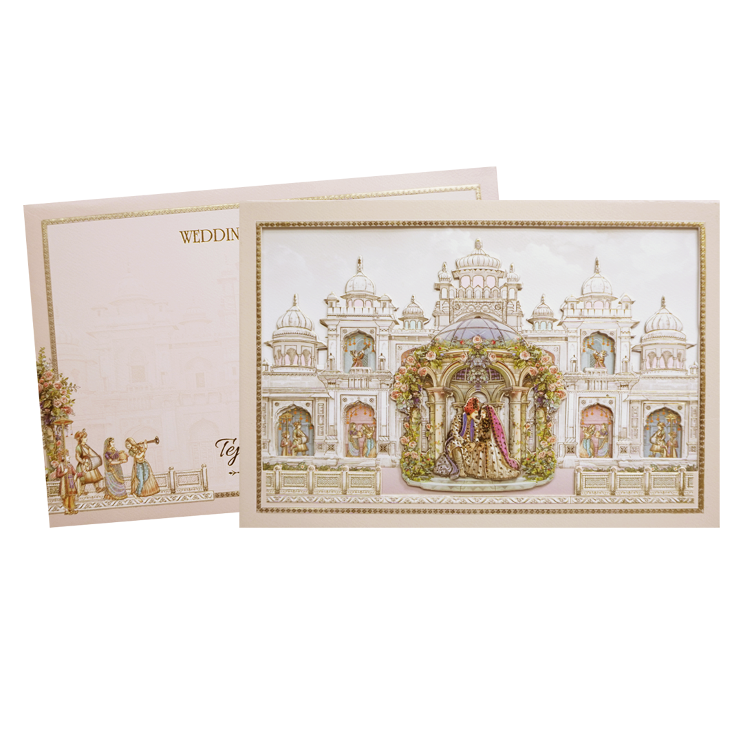 Grey Palace Laser Cut Padded 3D Couple Wedding Card-KMMEX8120