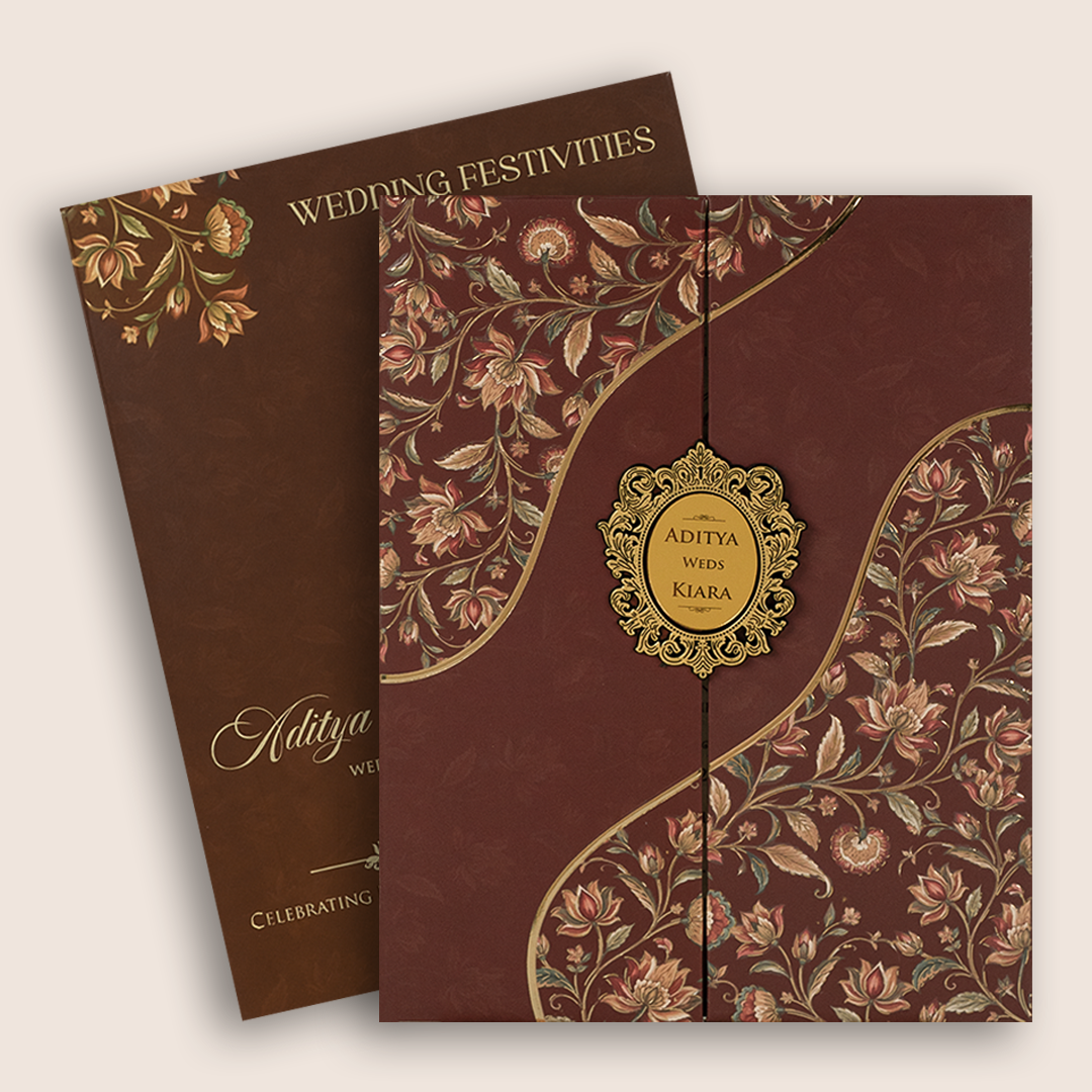 Maroon Embossed Floral Door Style Padded Wedding Card - KFR17520