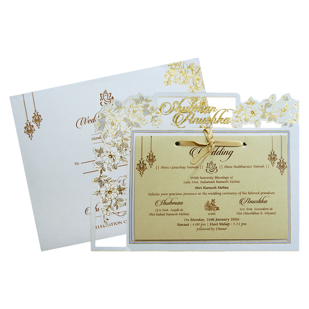 Ivory Floral Laser Frame Wedding Card-KRB09151