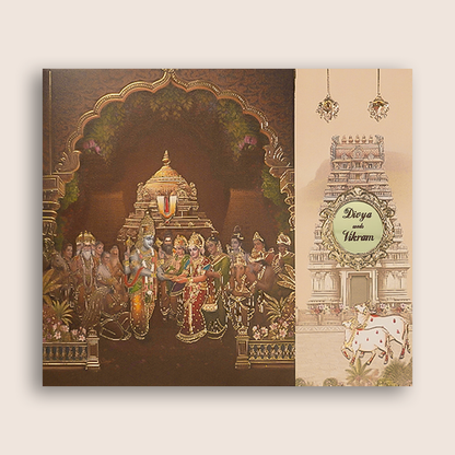 Brown Balaji Padmavathi Door Style Wedding Card - KNCR8911