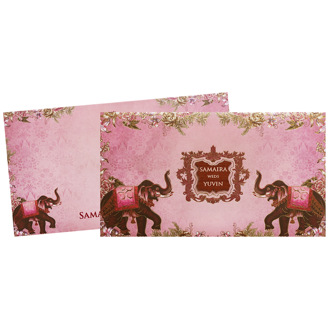 Pink Royal Elephant Floral Padded Wedding Card - KVN07470