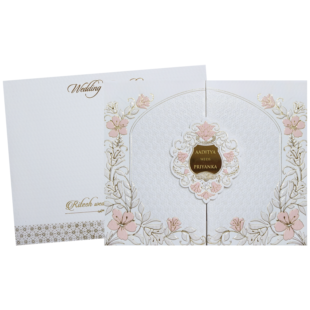 White Gatefold Padded Floral Wedding Card-KMMWD1112