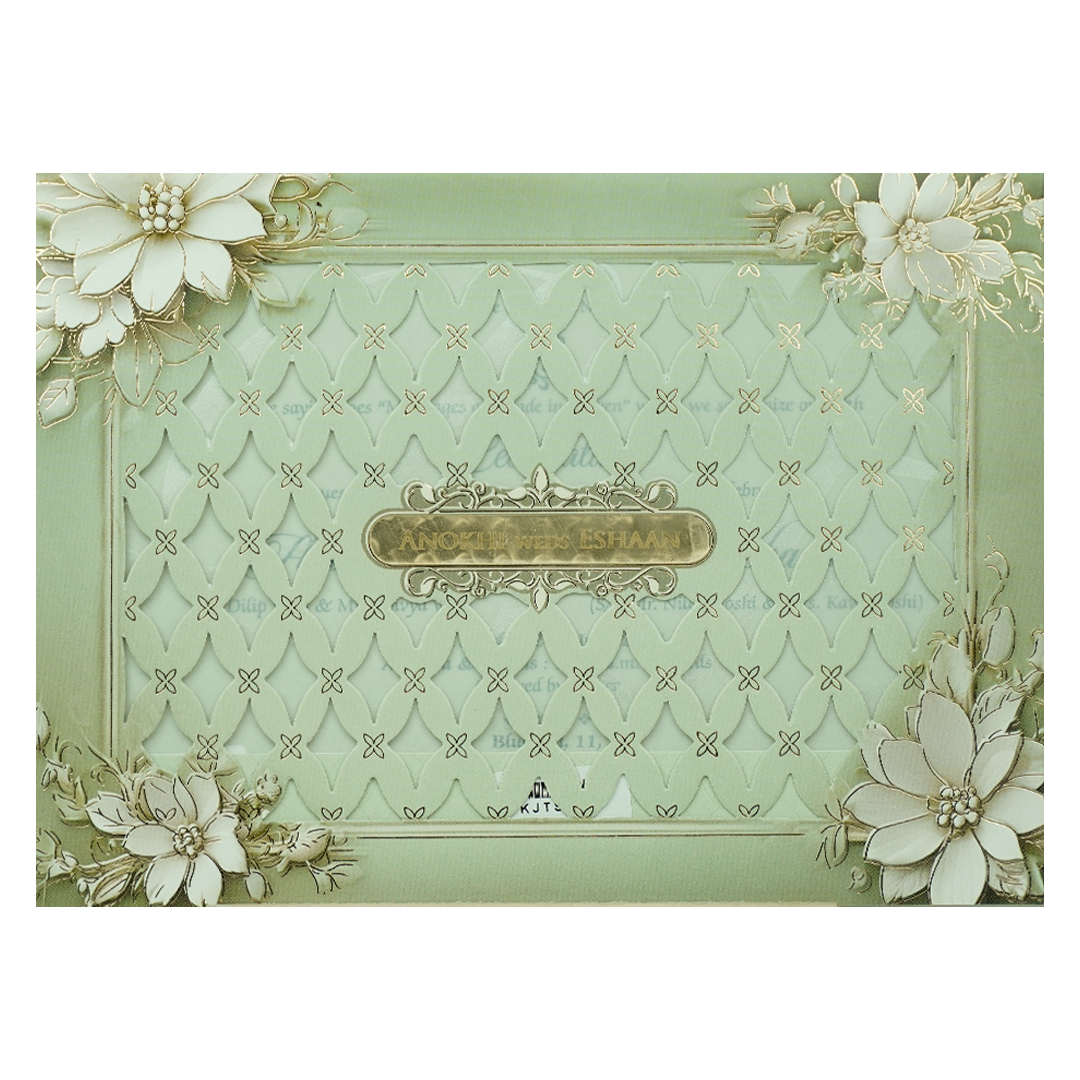 Mint Green Floral Laser Cut Padded Wedding Card-KJTS3680