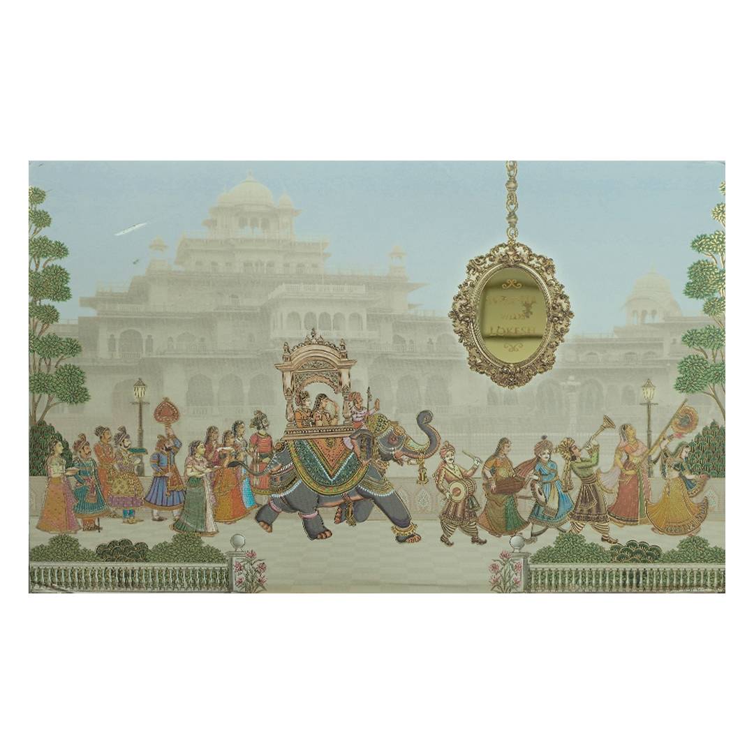 Check out Royal Palace Elephant Procession Padded Wedding Card at best price.WhatsApp Support|Express Delivery.