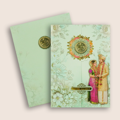 Blue South Indian Bride Groom Wedding Card - KNAR2404