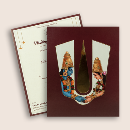 Maroon Vaishnava Tilak Balaji Padmavathi Wedding Card - KNKJ1168