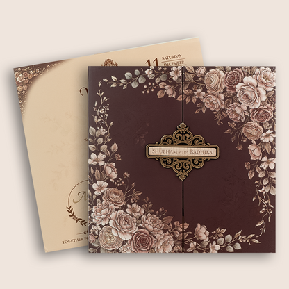 Brown Floral Padded Door Style Wedding Invitation - KSH18700