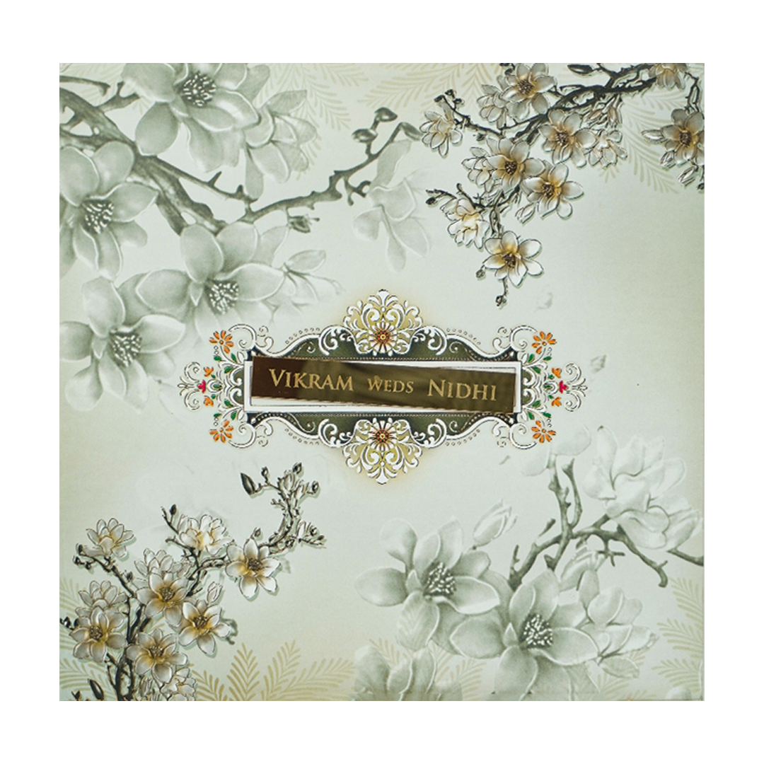 Green White Floral Padded Wedding Card-KRE26570