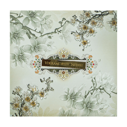 Green White Floral Padded Wedding Card-KRE26570