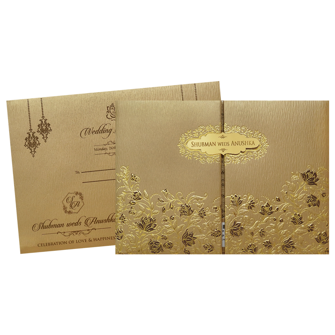 Gold Padded Embossed Floral Wedding Invitation Card-KRB09761