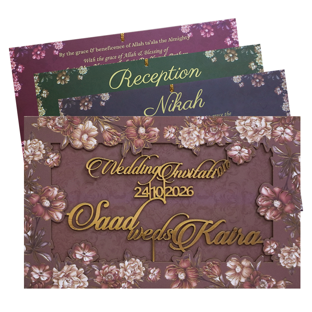 Brown Floral Foiled Script Wedding Invitation Card - KVN07750