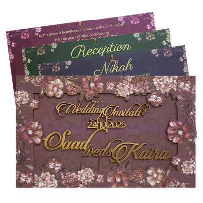 Brown Floral Foiled Script Wedding Invitation Card - KVN07750