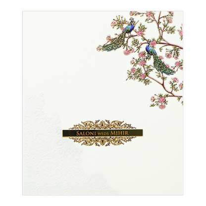 White Padded Floral Peacock Wedding Card - KPR25120