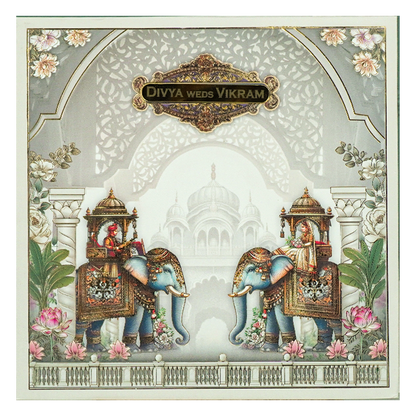 Grey Padded Royal Elephant Wedding Card-KNPO5571C