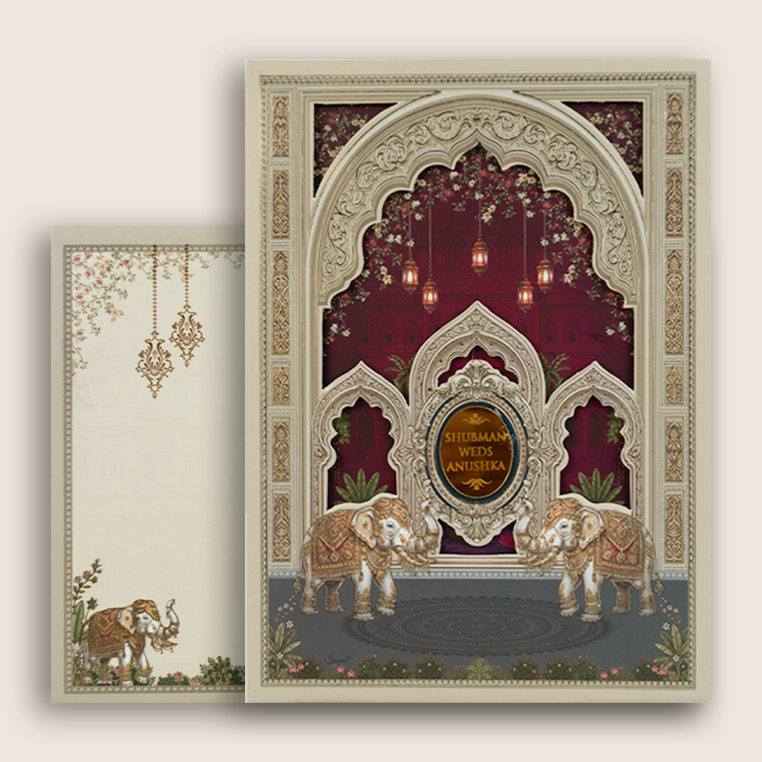 Wine Royal Elephant Laser Cut Padded Wedding Card - KRB10680