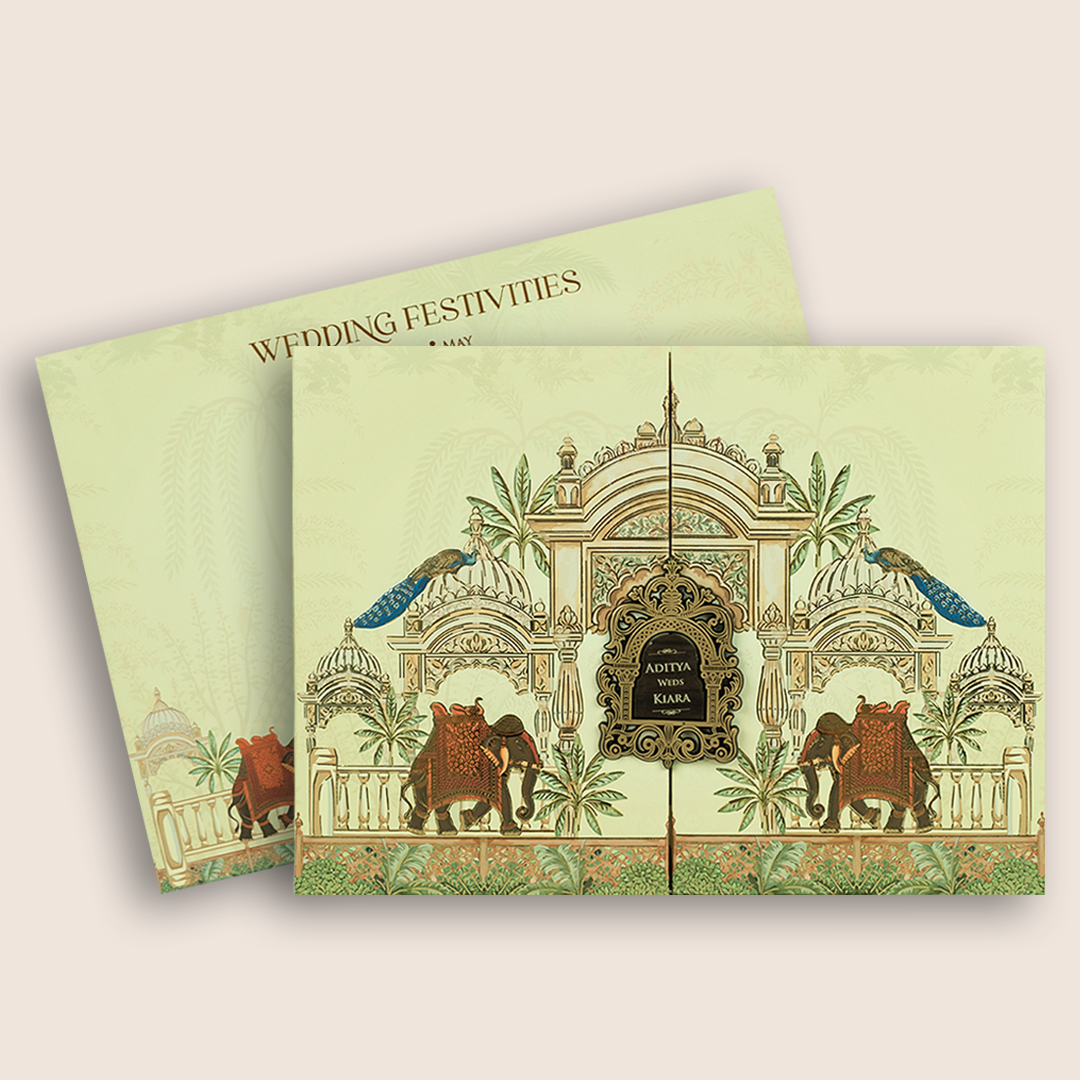Cream Jharokha Door Style Padded Wedding Card - KFR17500