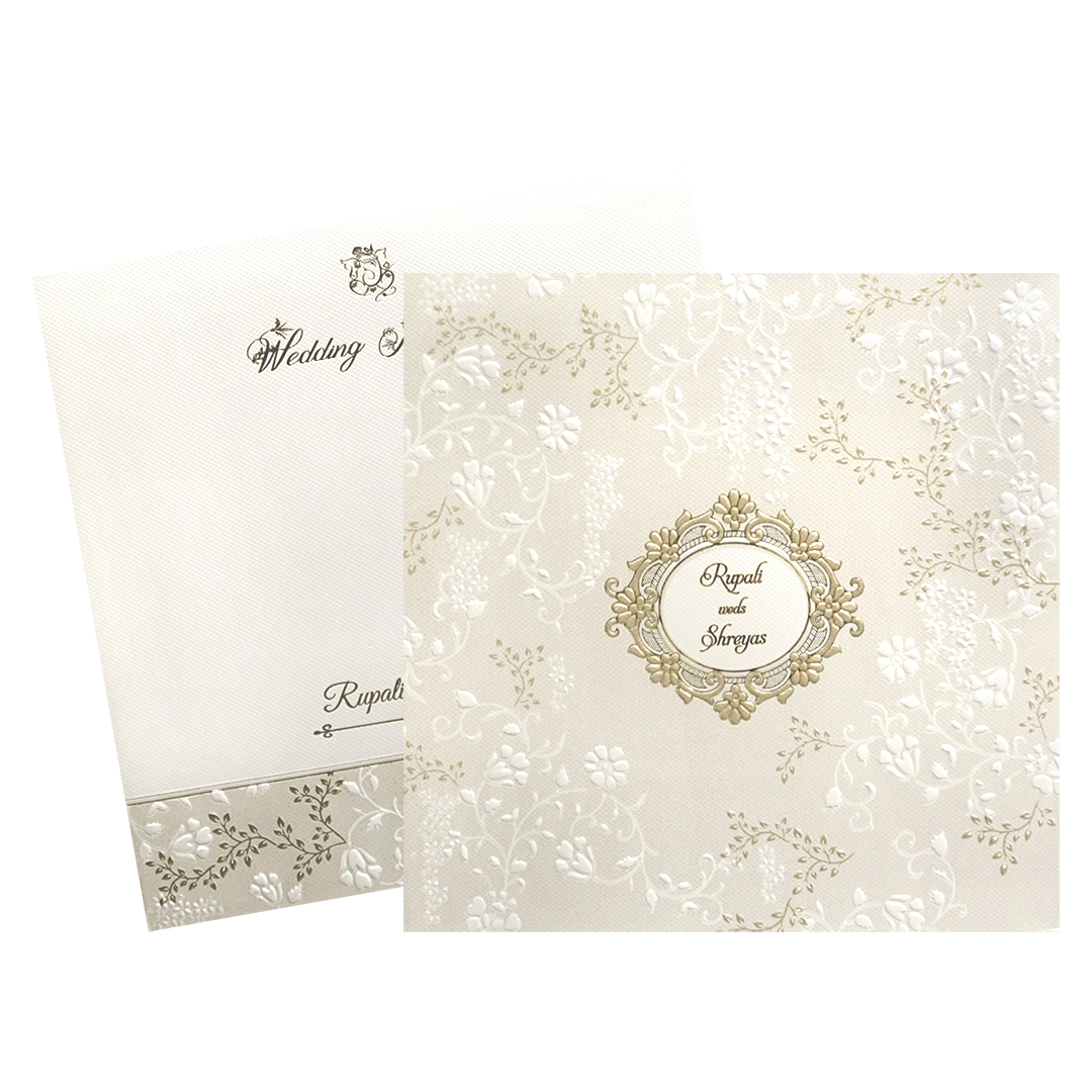 Cream Gold Floral Embossed Padded Wedding Card - KMMWD1123